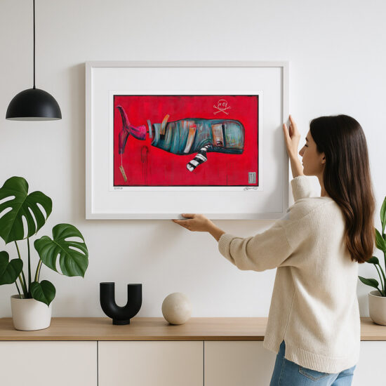 A painting showing a whale with its body cut open against a red background with a pirate symbol.