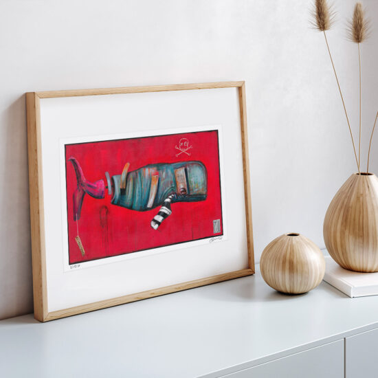 A painting showing a whale with its body cut open against a red background with a pirate symbol.