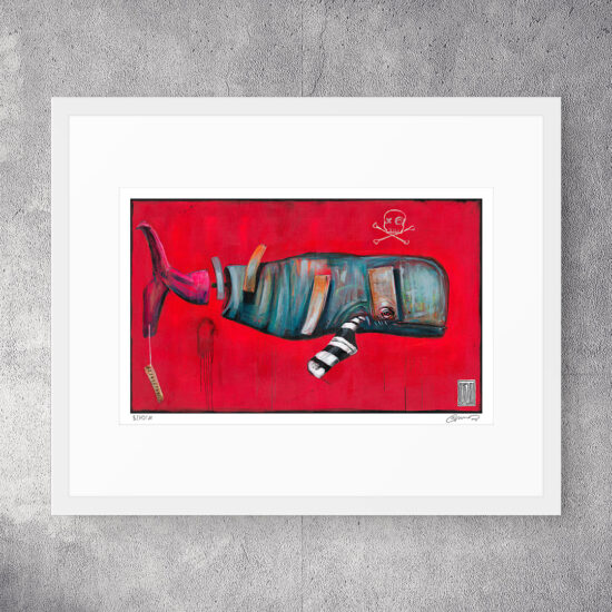 A painting showing a whale with its body cut open against a red background with a pirate symbol.