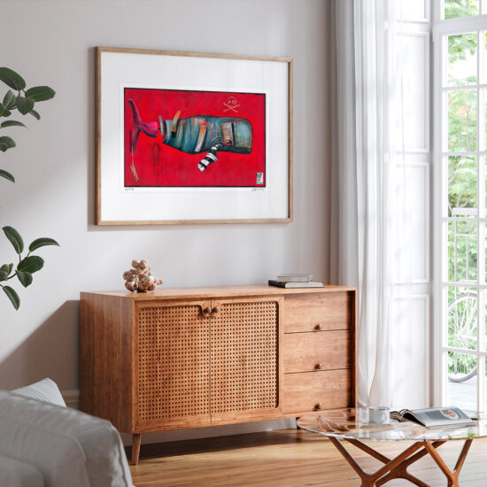 A painting showing a whale with its body cut open against a red background with a pirate symbol.