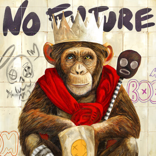 A painting depicting a monkey with a paper crown and a red cape – a metaphor for silence, solitude, and inner strength