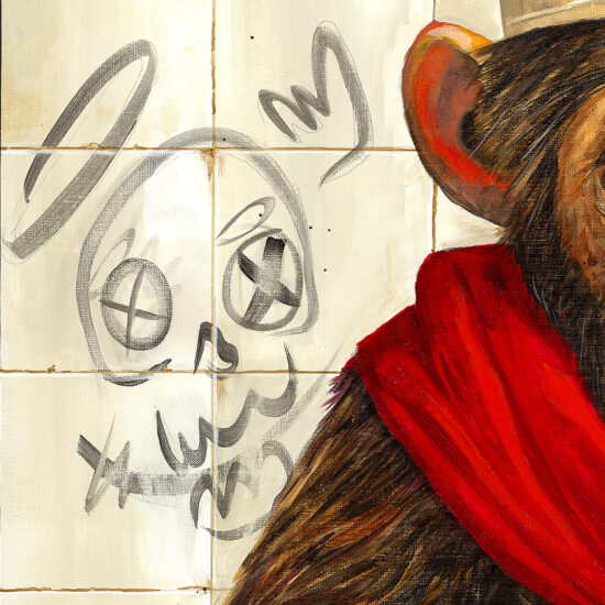 A painting depicting a monkey with a paper crown and a red cape – a metaphor for silence, solitude, and inner strength