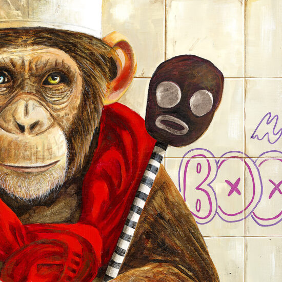 A painting depicting a monkey with a paper crown and a red cape – a metaphor for silence, solitude, and inner strength