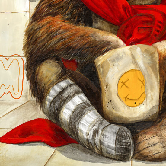 A painting depicting a monkey with a paper crown and a red cape – a metaphor for silence, solitude, and inner strength