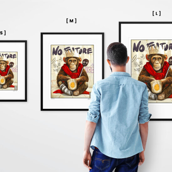 A painting depicting a monkey with a paper crown and a red cape – a metaphor for silence, solitude, and inner strength