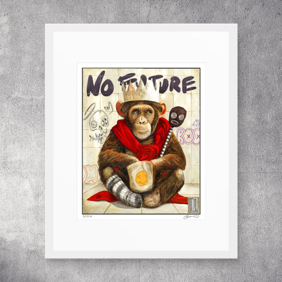 A painting depicting a monkey with a paper crown and a red cape – a metaphor for silence, solitude, and inner strength