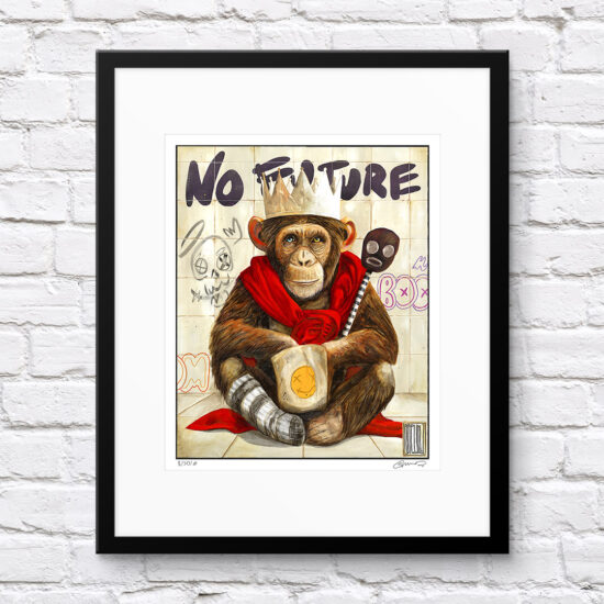 A painting depicting a monkey with a paper crown and a red cape – a metaphor for silence, solitude, and inner strength
