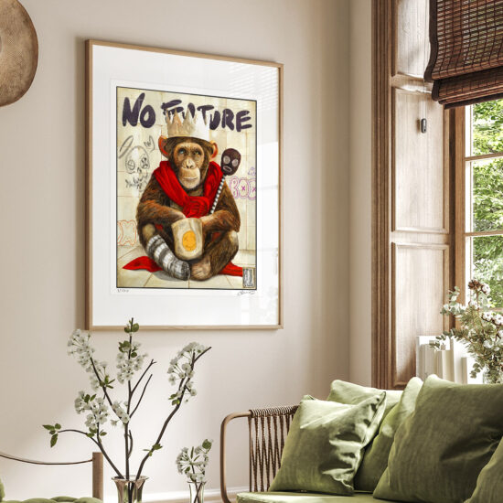 A painting depicting a monkey with a paper crown and a red cape – a metaphor for silence, solitude, and inner strength