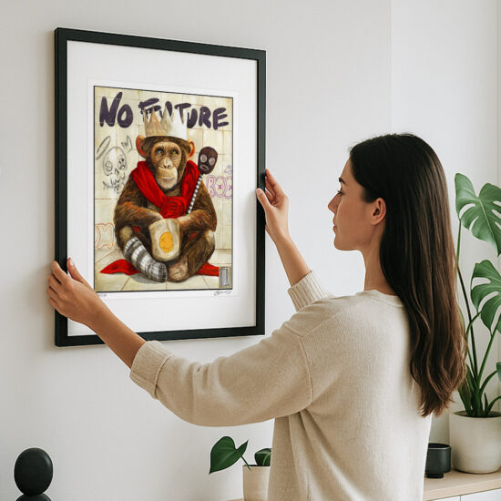A painting depicting a monkey with a paper crown and a red cape – a metaphor for silence, solitude, and inner strength