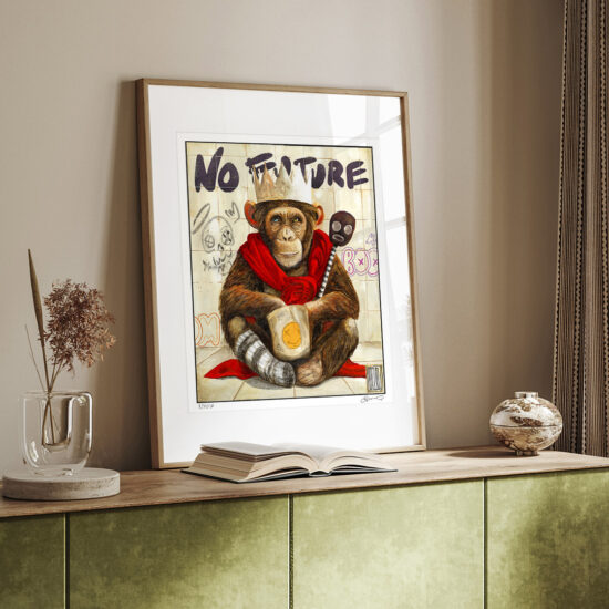 A painting depicting a monkey with a paper crown and a red cape – a metaphor for silence, solitude, and inner strength