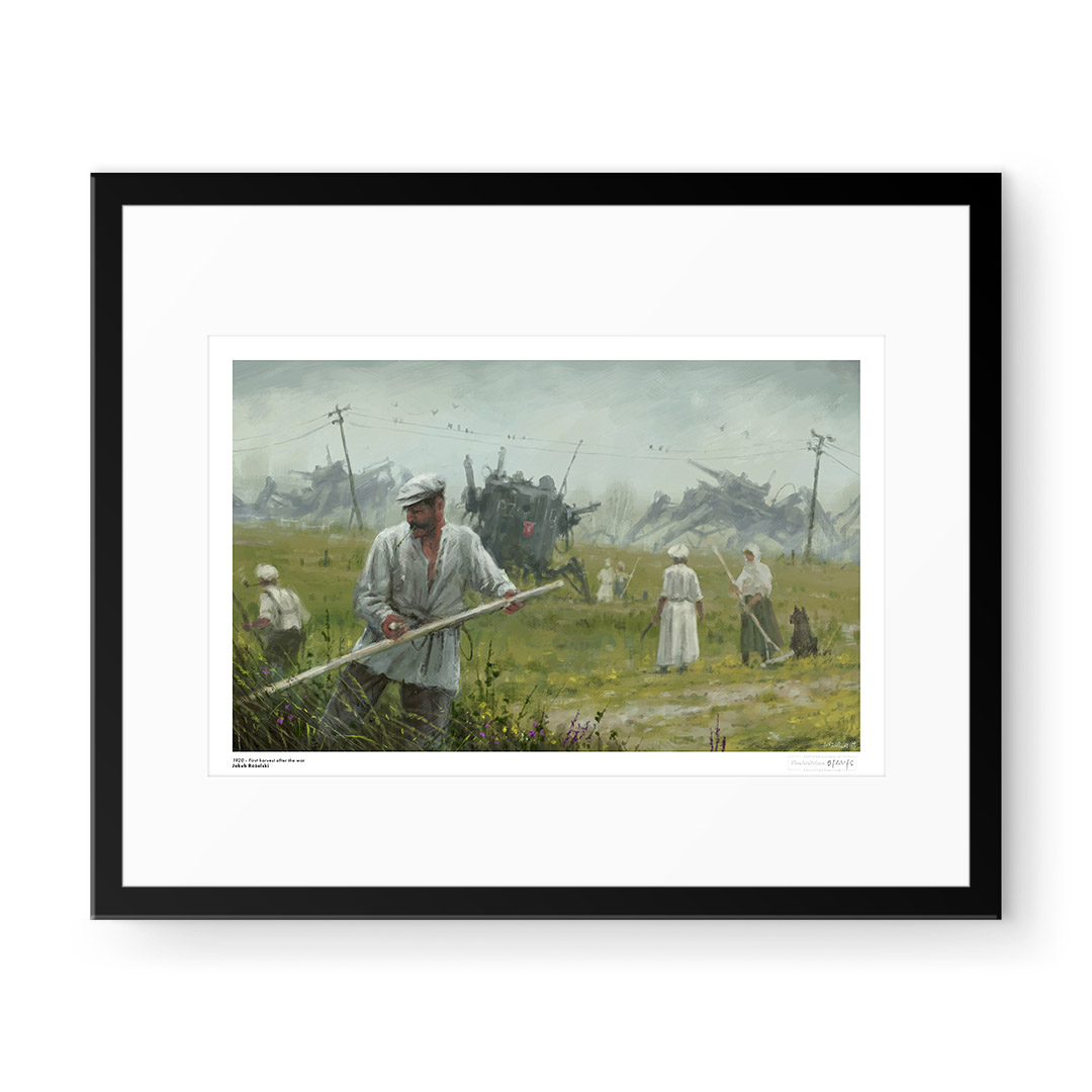 Jakub Różalski 1920 First Harvest After the War - mężczyzna pracujący w polu, wiejska scena i maszyny kroczące w tle, miękkie przejścia tonalne, przygaszone zielenie, szarości i beże.