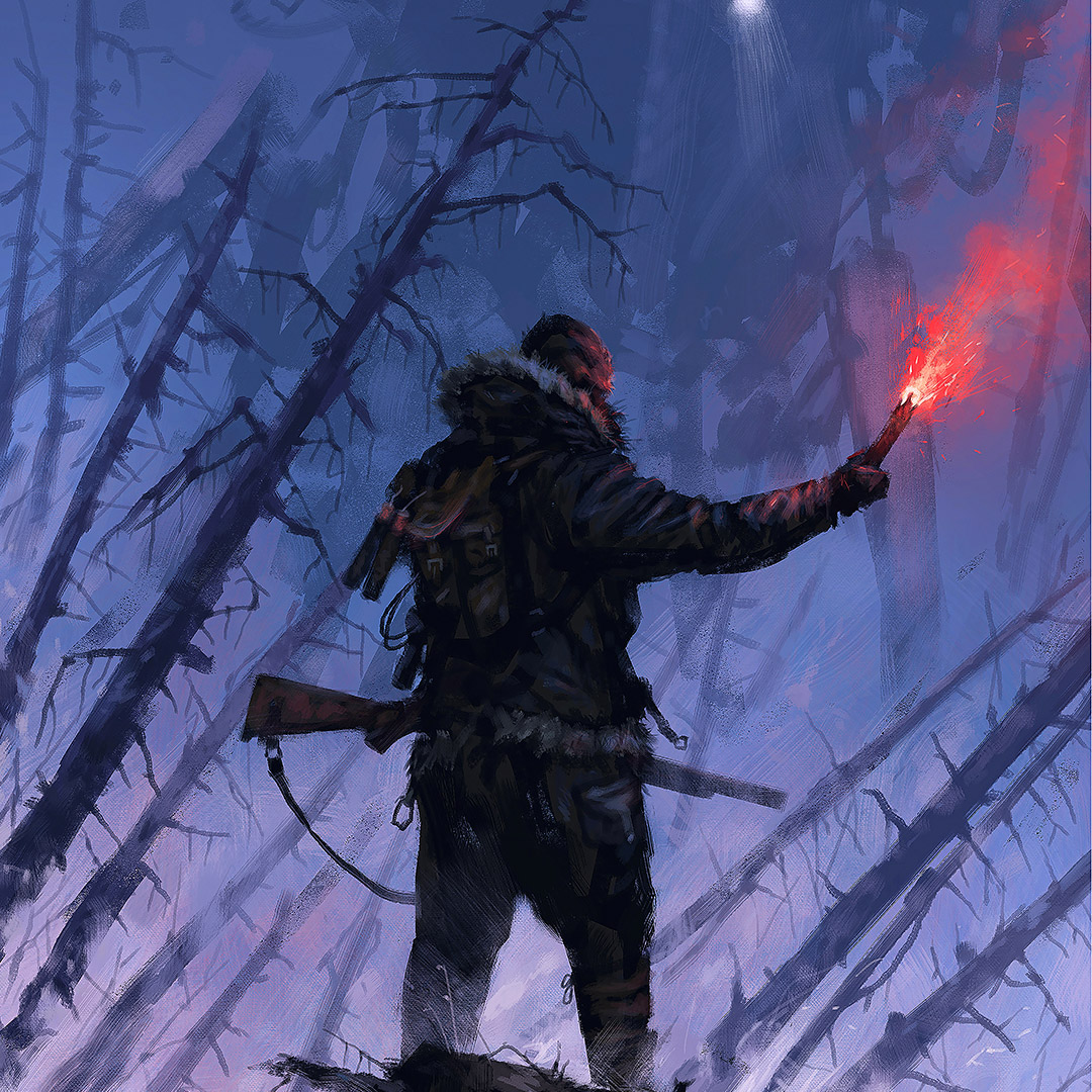 Jakub Różalski 1920 Lone Survivor - samotny mężczyzna z czerwoną flarą i bronią w zimowym lesie, pełnym połamanych drzew, w chwili konfrontacji z ogromną maszyną kroczącą. Zestawienie zimnej kolorystyki z mocnym czerwonym akcentem.