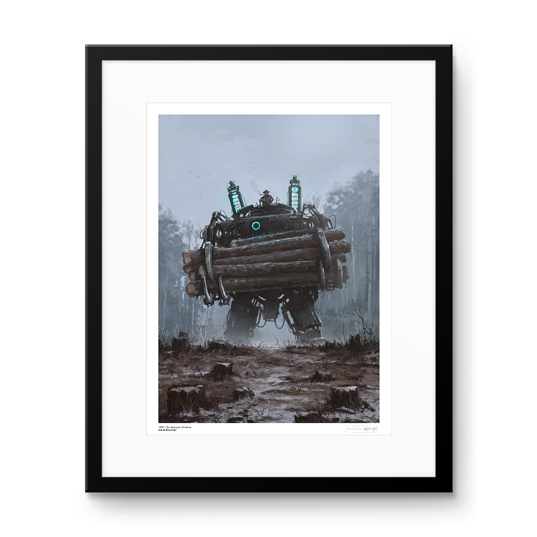 Jakub Różalski 1920 The Destroyer of Nature - mech niosący pnie drzew i człowiek z fajką na szczycie maszyny kroczącej przez wykarczowany las. Na ziemi leżą pnie drzew.