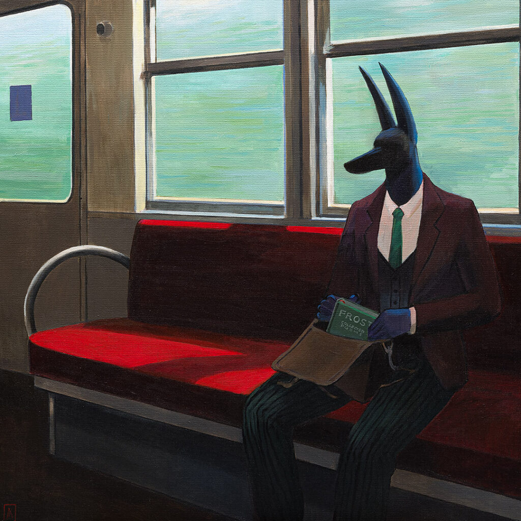 fine-art-prints-joanna-karpowicz-journey-giclee-inkografia-reprodukcja-kadrA Anubis podróżuje pociągiem. Z torby wyciąga tomik poezji Roberta Frosta. Anubis bohater obrazów Joanny Karpowicz