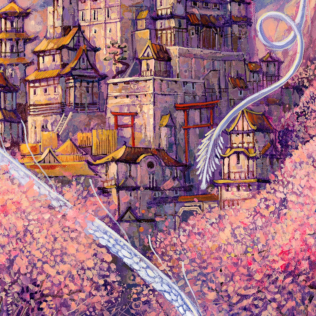Scena inspirowana Japonią i kwitnącymi sakurami, obraz „Sakury pani Hoshiko” Rocha Urbaniaka