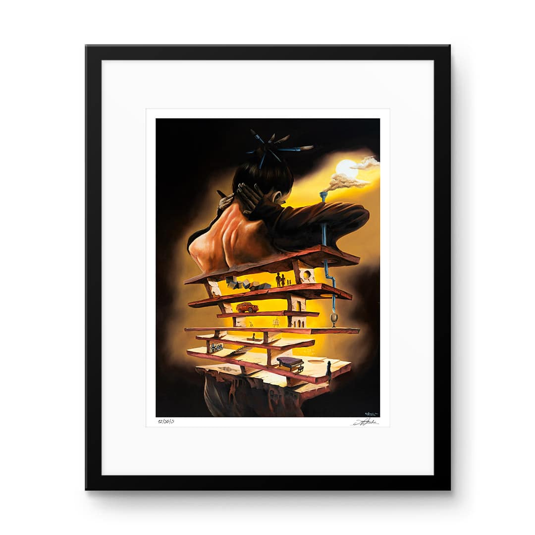 Kolekcjonerski print „The Shell of My Dream” Szymona Chwalisza - kobieca postać z wielopoziomową konstrukcją półek wewnątrz ciała.
